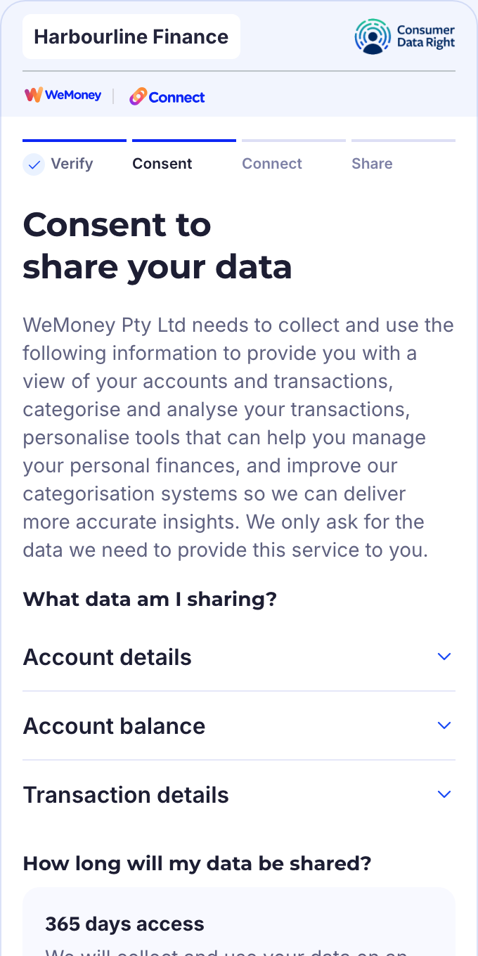 The consent step: what data is shared, with whom, and for how long