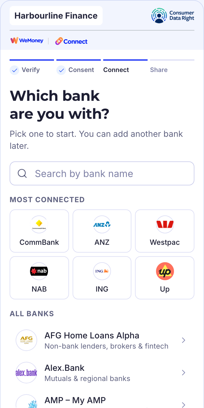 Which bank are you with: the applicant connects their accounts on their own phone